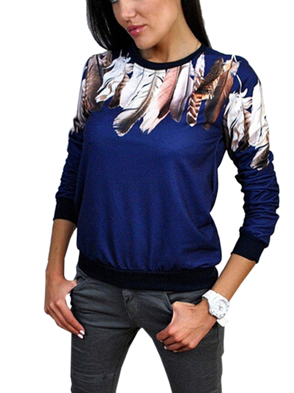 Print Three Quarter Women Shirt Crewneck Pullover Jumper Outwear Blouse Top Tracksuit Blue White Black 3 Color