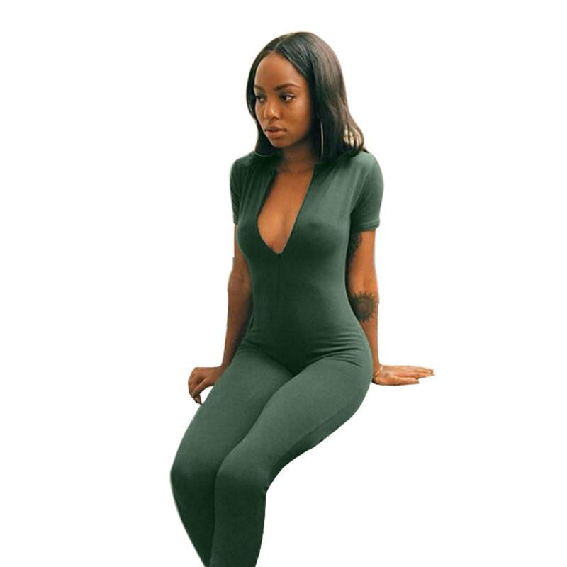 Womens Jumpsuit Polyester style women deep v neck jumpsuit Brand long pants jumpsuits Green overall women