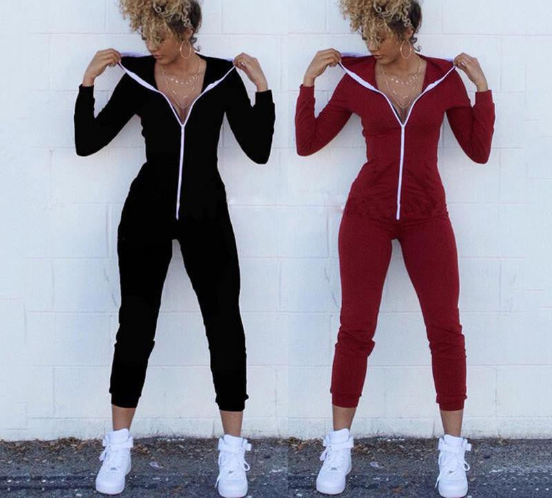Women Jumpsuits Long Sleeve Hooded Outfits zipper Cotton Club Wear Bandage Bodycon jumpsuit