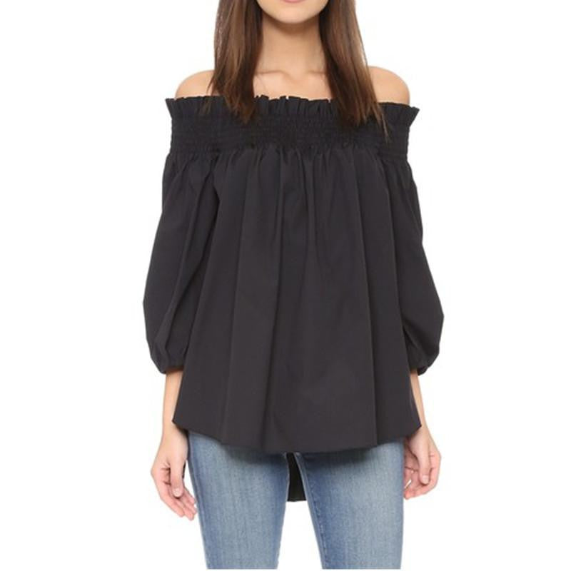 Off Shoulder Blouse Women Slash Neck 3/4 Sleeve Loose Shirts Casual Top Plus Size