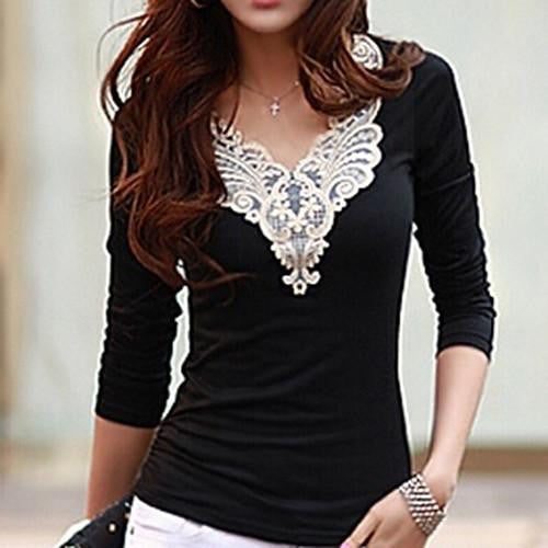Women's Embroidery Lace Decoration Tops V Neck Long Sleeves Slim Cotton T-Shirt smt102