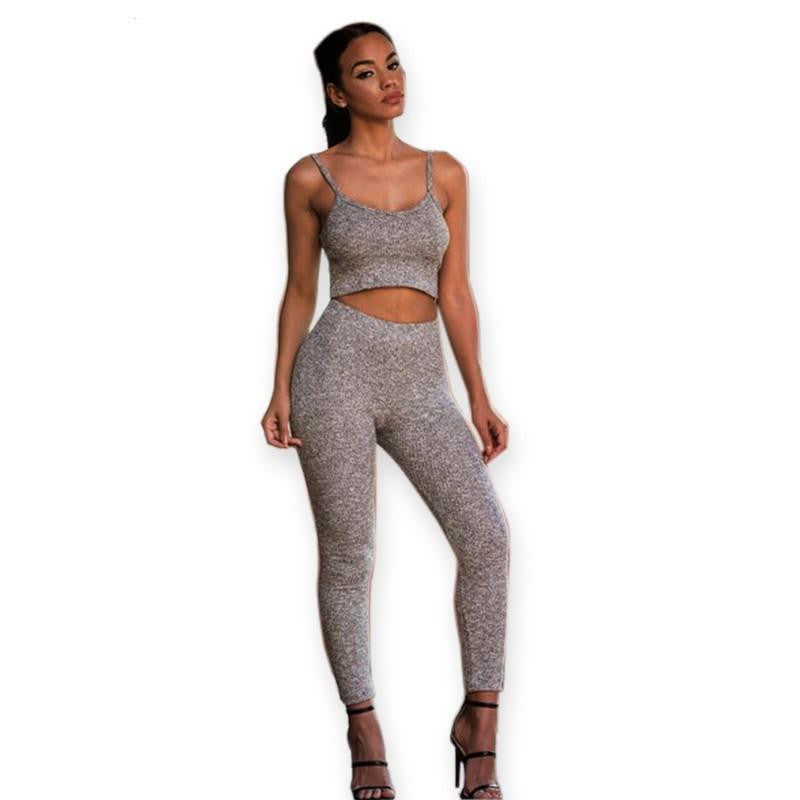 Women Jumpsuit Tow pieces Knitted Rompers outfits Long Pants Rompers Jumpsuit 2 Piece Set Crop Tops Bodycon Palysuit Gray